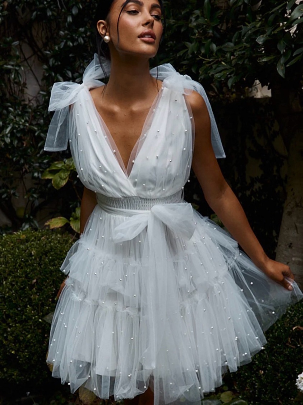 ✨ NWT ✨ White Tiered Tulle Mini Dress with Pearl Detail